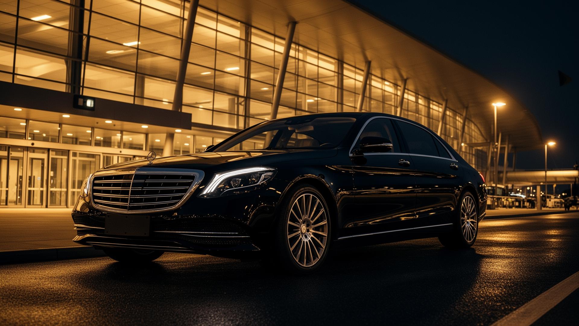 Black Mercedes-Benz S-Class chauffeur car at Birmingham Airport at night