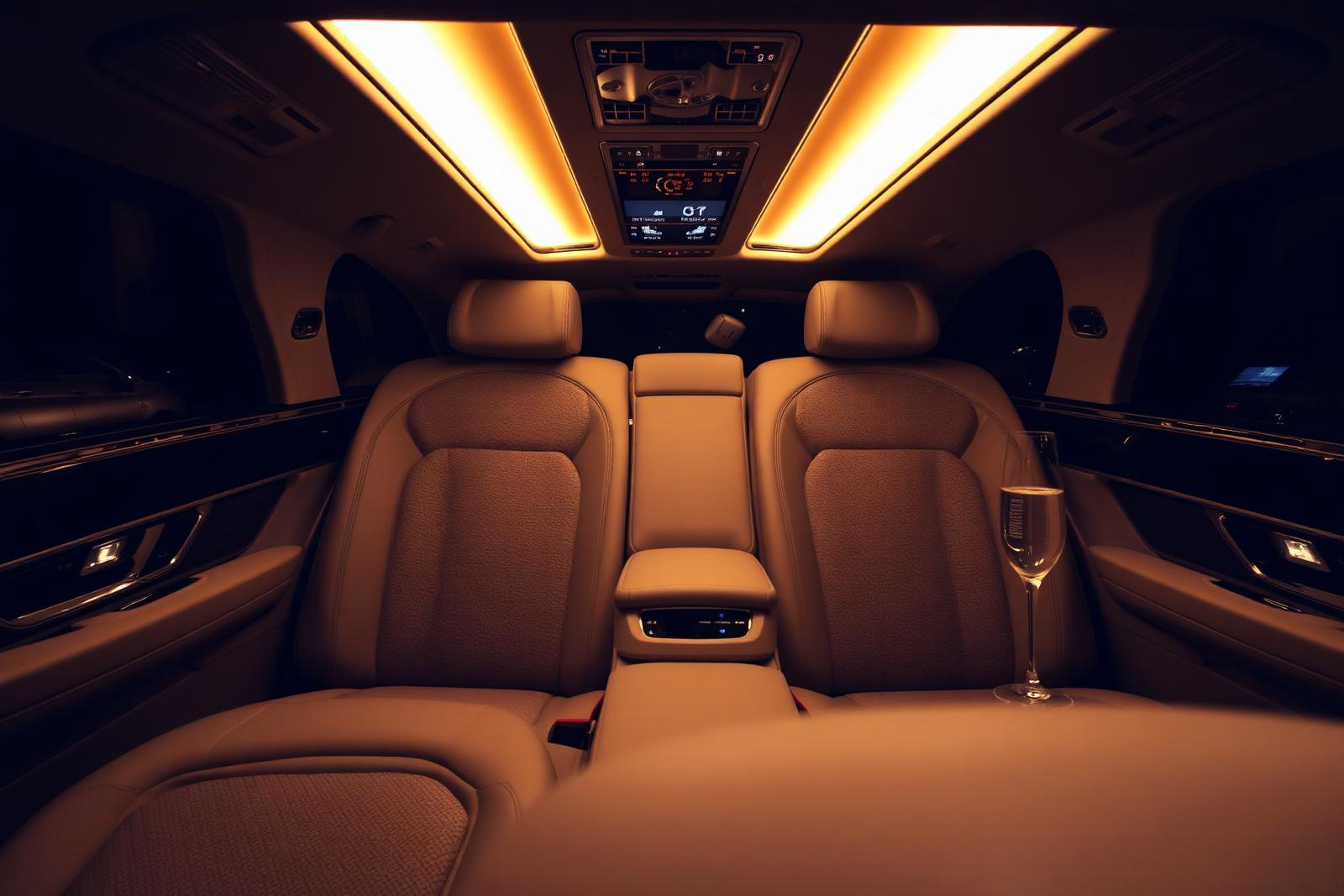 Mercedes S-Class chauffeur car luxury interior with ambient gold lighting