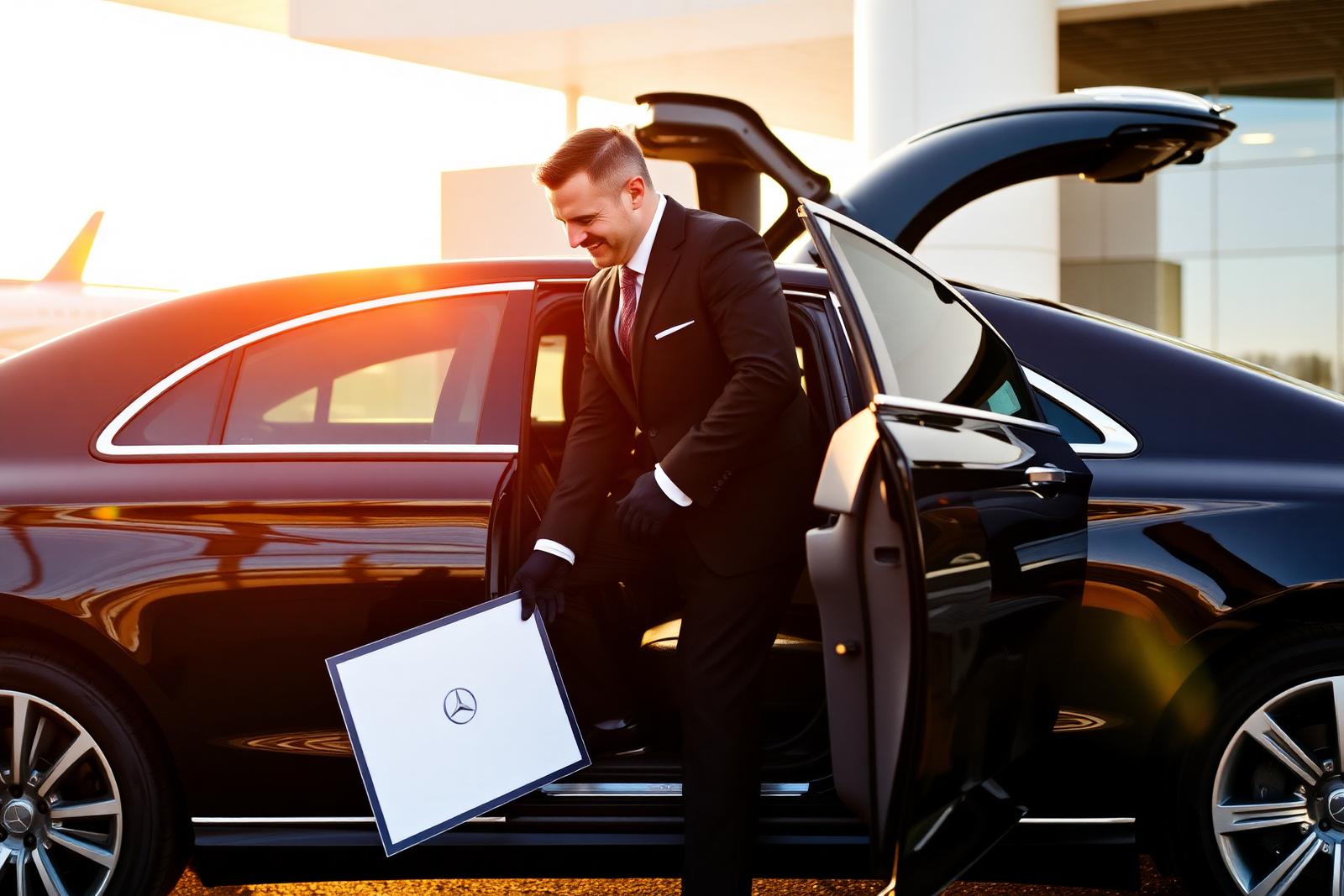 Suited chauffeur opening rear door with airport meet and greet sign
